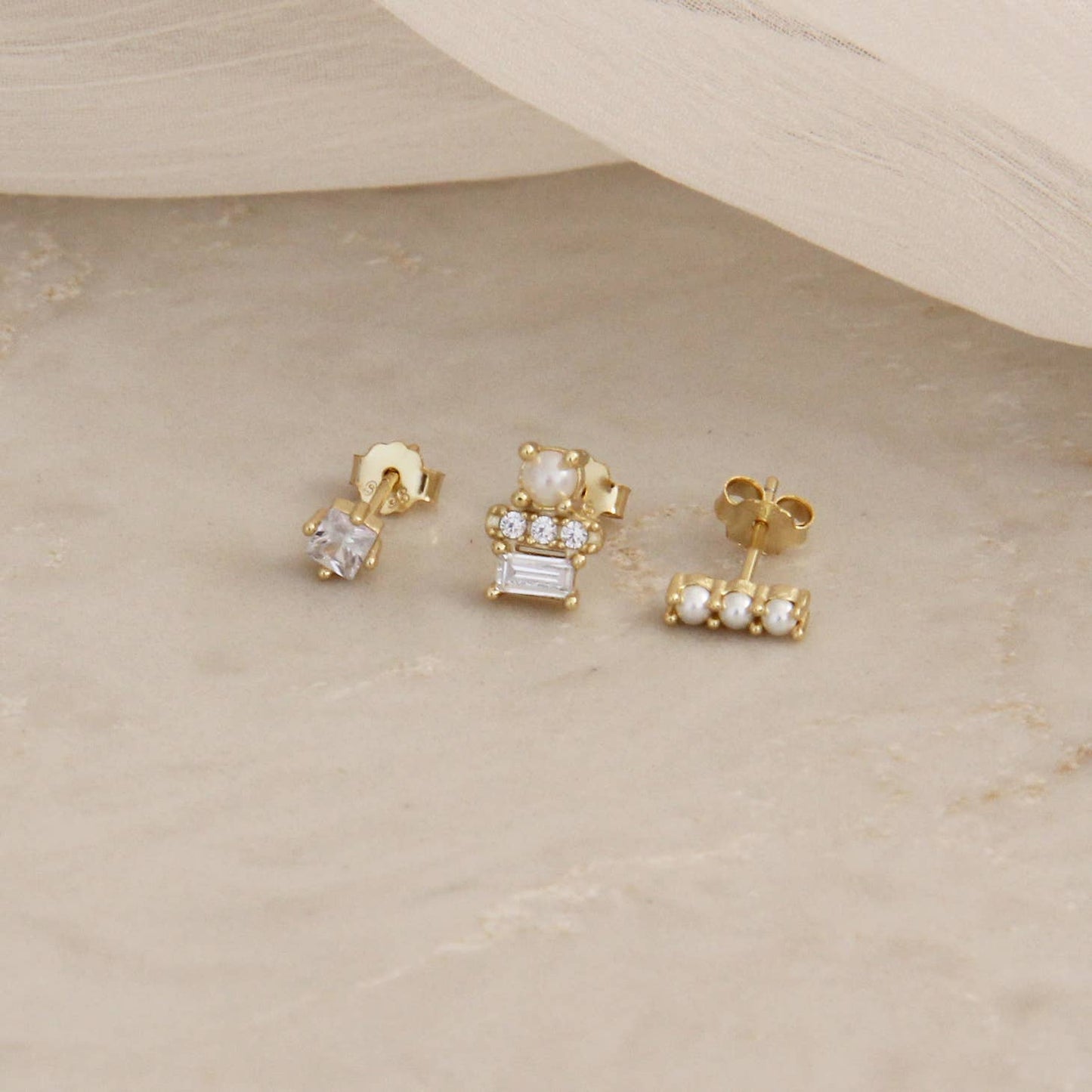 Pearl & Stone Trio Stud Earring Set