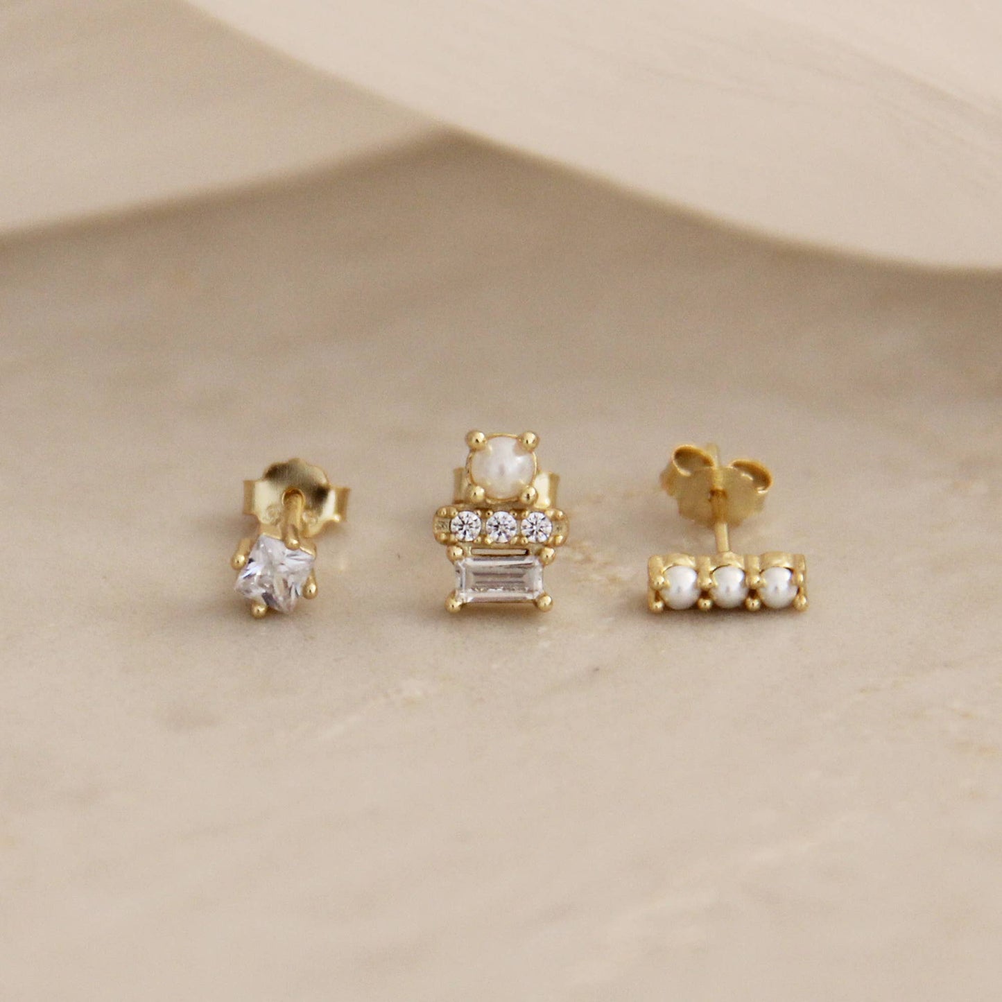 Pearl & Stone Trio Stud Earring Set