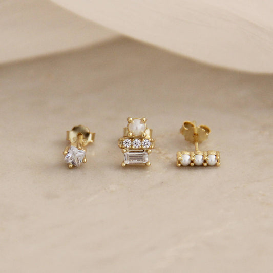 Pearl & Stone Trio Stud Earring Set
